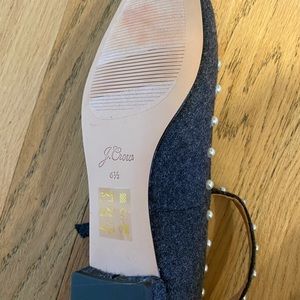 J. Crew Ankle-Strap Pearl Embellished Gray Wool Ballet Flats